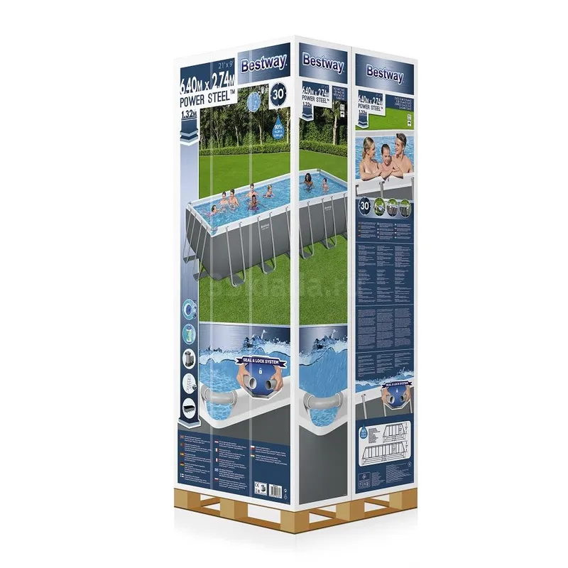 Bestway 5612B Каркасный бассейн Power Steel 640х274х132см, 19281л, песч.фил.-нас. 5678л/ч, лестн., тент, попл.-доз